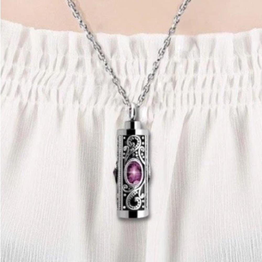 Stainless Steel Cremation Urn Necklace For Ashes With Purple Stone And Funnel